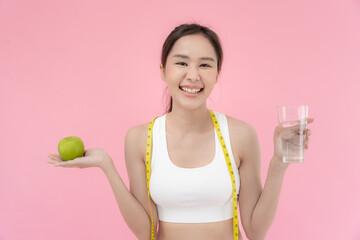 slim body asian women choose healthy foods, dieting female choose green apple for diet. Good...