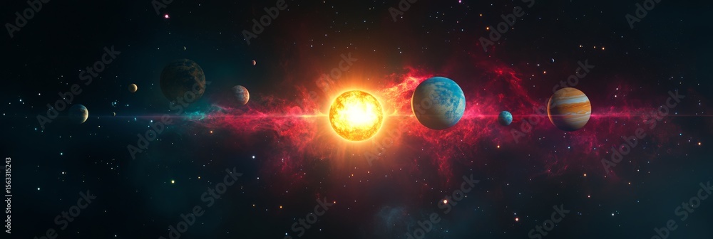 Poster planetary system swirling around luminous star within colorful nebula, revealing dramatic astronomic