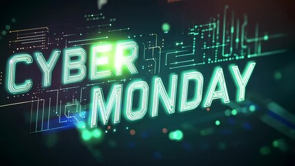 Cyber Monday in glowing, outlined text with circuit board details - Powered by Adobe