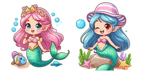 Fototapeta premium Set of 2 cartoon mermaids vector illustrations