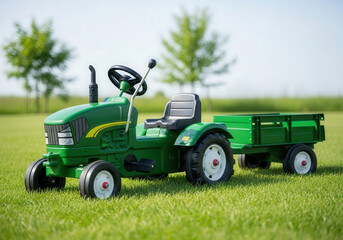 Toy tractor on green lawn for children's outdoor play and imagination