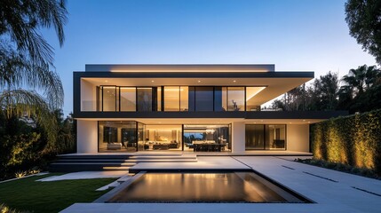 Fototapeta premium Contemporary luxury home at dusk with pool reflecting interior lights
