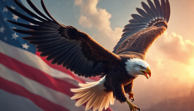 Illustration features majestic American eagle soaring with US flag background. Symbol of freedom, power, patriotism. Perfect for Memorial Day, Veterans Day, Fourth of July. Celebrate US spirit with