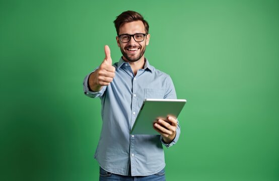 Happy man uses tablet shows thumbs up sign on green background. Businessman holding device, giving positive feedback. Young smiling guy in shirt recommends, approves. Digital marketing, technology.