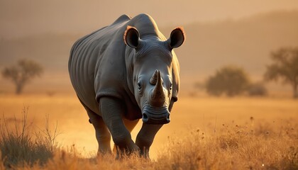 Obraz premium Magnificent rhino portrait in natural habitat. Strong, powerful animal with impressive horn, walks straight at camera, creating awe. Wildlife photography for zoology, animal rights advocacy,