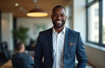 Smiling African American businessman in suit stands at office. Confident, professional executive manager with positive expression, looking at camera. Successful modern business man, boss, ceo,