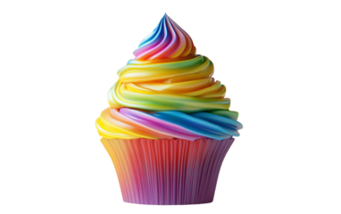 Close-up of a birthday cupcake topped with colorful rainbow frosting capturing sweet celebration vibes isolated on transparent background PNG