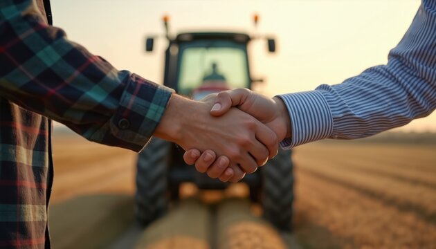 Handshake two people in field, tractor blurred background. Partners seal deal, sign agreement, collaboration, cooperation, business, farming, agriculture. Farmers shake hands to celebrate harvest
