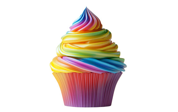 Close-up of a birthday cupcake topped with colorful rainbow frosting capturing sweet celebration vibes isolated on transparent background PNG