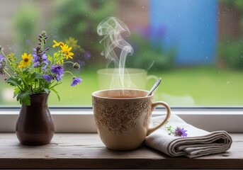 Cozy vintage ceramic mug with steam and spoon by floral window setting