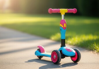 Colorful children's three-wheeled scooter with pink and blue accents on sunny sidewalk