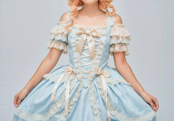 Elegant woman in blue Victorian Rococo dress with lace and ribbons, midsection view