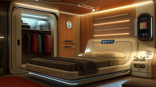 Compact high-tech bedroom with hidden wardrobe lighting, futuristic paneling, and warm wooden ceiling