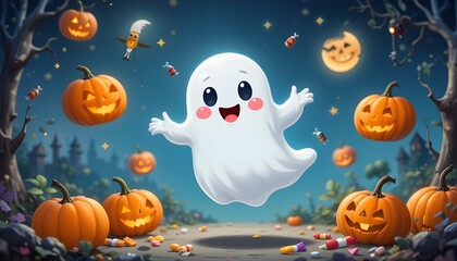 A cute, friendly cartoon ghost floating playfully among smiling pumpkins and colorful candy. 