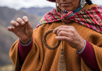Indigenous woman spinning yarn outdoors in vibrant traditional clothing