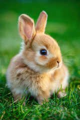 Adorable fluffy baby bunny on bright green grass in natural light