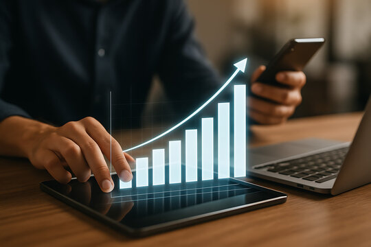 Holographic financial analysis with hands interacting with digital tablet and smartphone showcasing business growth chart and market data on laptop screen