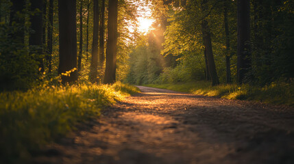 Forest road during golden hour with long shadows and glowing light