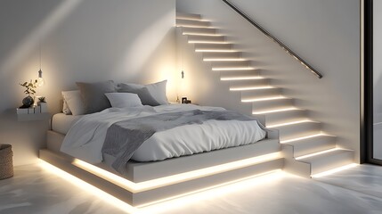 Compact modern bedroom interior with space-saving bed platform and integrated LED lighting under stairs