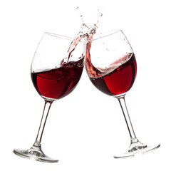 Two wine glasses with red wine splashing in celebration isolated on transparent background
