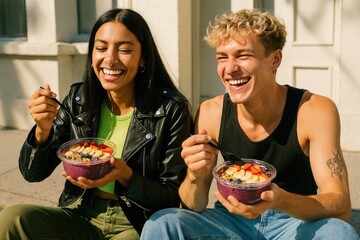 Joyful friends enjoying healthy bowls.