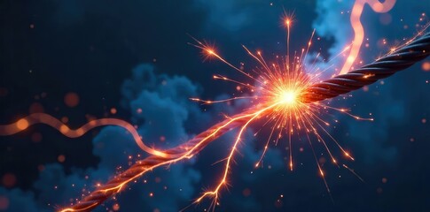 Close-up shot of sparking electrical wires, energy flowing, vibrant blue and orange hues, abstract electrical power, high voltage, short circuit, electricity concept , glow, illumination