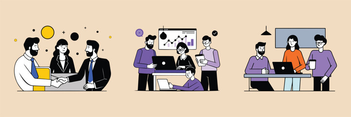 Modern and colorful business team collaborating and presentation vector illustration, business team collaborating and presentation banner, vector illustrations in various online marketing set