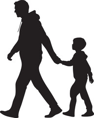 Father and son holding hand and walking silhouette on white background