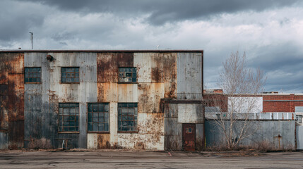 Forgotten building in an industrial zone with a rusted facade