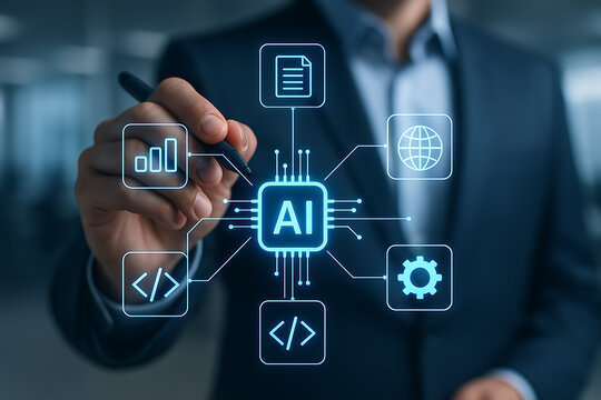 Businessperson integrating artificial intelligence into global operations and data analysis using innovative digital interface for technological advancement and efficiency - Powered by Adobe