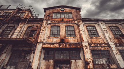 Forgotten building in an industrial zone with a rusted facade