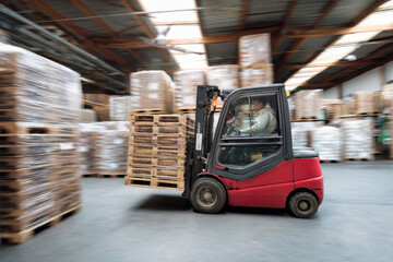 Forklift moving pallets in a clean and organized warehouse