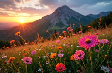 Wildflowers bloom during sunset in the Rocky Mountains. Mt Timpanogos mountain in Utah, colorful flowers, sunlight. Nature, landscape photo. Perfect for travel promo.