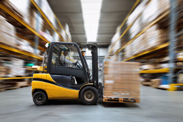 Forklift moving pallets in a clean and organized warehouse