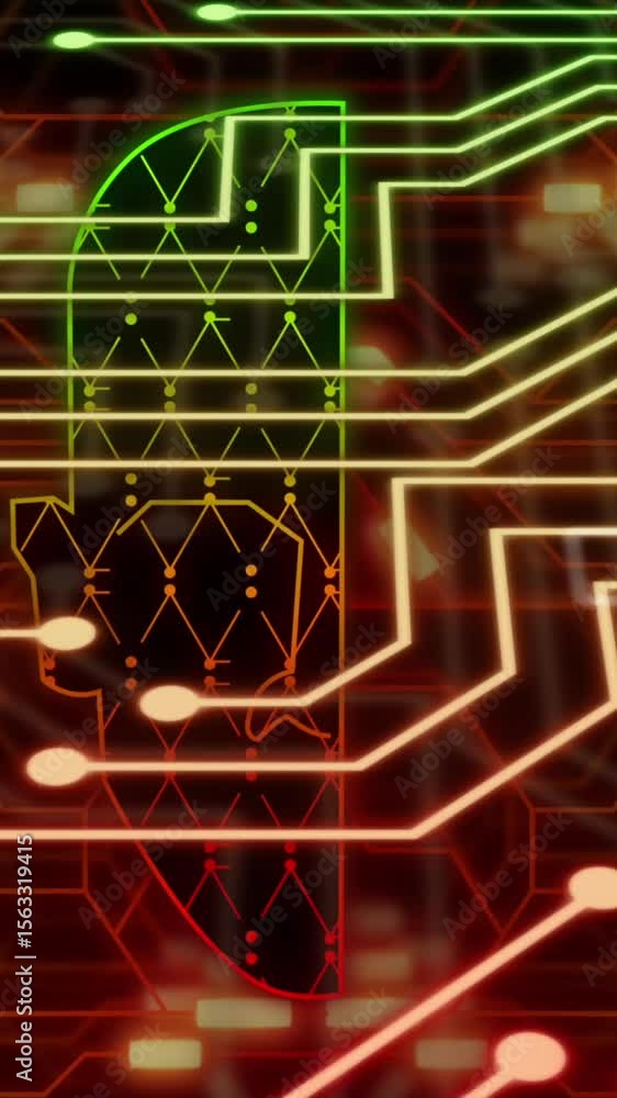 Poster animation of online biomeric face, data processing over computer circuit board