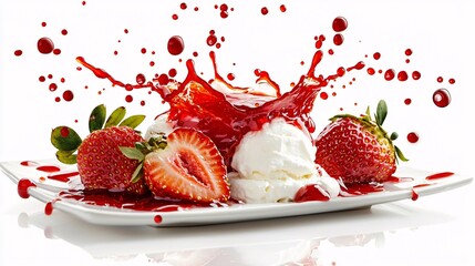 Strawberry sauce splashing onto fresh strawberries and cream, its glossy red sheen enhancing the dessert theme, isolated on white background,