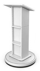 Modern White Rotating Presentation Lectern with Integrated Shelves; Clean, Minimalist Design; Ideal for Conferences, Presentations, and Corporate Events.