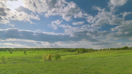 A Serene and Picturesque Landscape Featuring Expansive Green Fields Beneath a Cloudy Sky Time lapse.