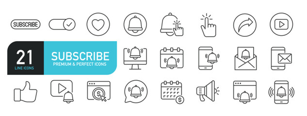 Set of line icons related to subscribe, followers, social media. Outline icons collection. Editable stroke. Vector illustration