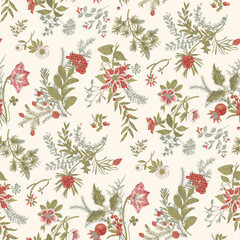 Seamless christmas pattern. Winter flora. Red and green