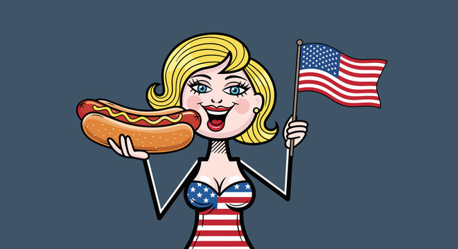 Blonde woman celebrating fourth of July with a footlong hotdog and waving an American flag - isolated color background illustration