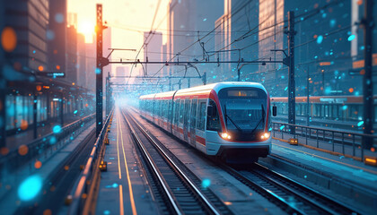 Futuristic IoT powered public transport network. Digital illustration shows modern subway train in urban cityscape. Smart systems provide predictive maintenance real time data analytics for enhanced