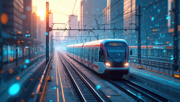 Futuristic IoT powered public transport network. Digital illustration shows modern subway train in urban cityscape. Smart systems provide predictive maintenance real time data analytics for enhanced