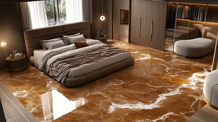 Contemporary bedroom in coffee brown tones with natural light spilling across marble-textured wood floor, bed in front view, warm carpet, full wardrobe, and a rounded grey sofa