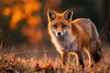 Fox in an autumn field during golden hour
