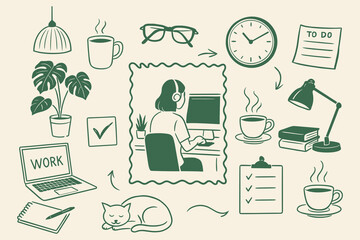 Cozy home office setup with worker at computer and study tools doodle art Workspace