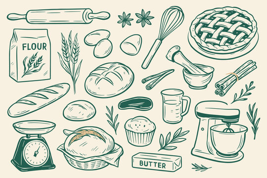 Vintage baking ingredients and tools illustration for culinary arts and baking themes Food
