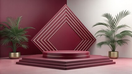 Elegant Maroon and Gold Product Display Platform with Tropical Plants:  Modern Minimalist Studio Backdrop, Luxurious Branding Mockup,  Sophisticated Commercial Photography.