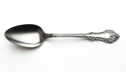 Elegant silver bar spoon isolated on white. Polished metallic utensil with decorative, ornate handle. Curved design. Suitable for cocktail mixing, drink serving, culinary creations. Restaurant, bar