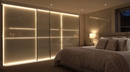 Contemporary bedroom with transparent wardrobe doors, indirect LED lighting, and luxurious layered fabrics